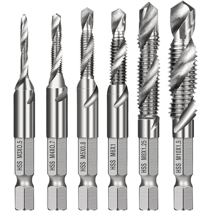 Set 6 burghie, Zola, dimensiuni M3-M10, tija hexagonala 1/4", lungimi 54-58 mm, pentru gaurire si filetare, otel, tip HSS, argintii
