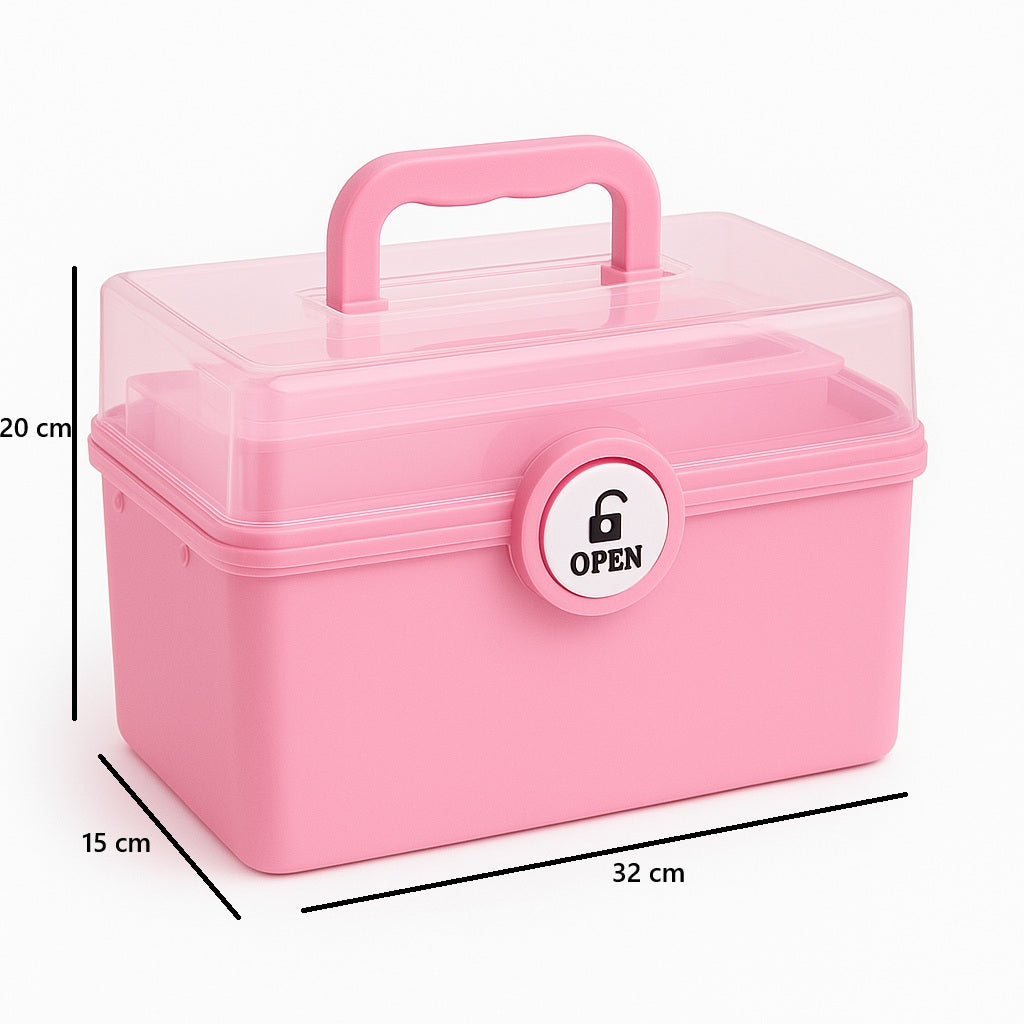 Cutie de medicamente organizatoare, Zola, 2 rafturi mobile, 32 x 20 x 15 cm, 6 compartimente, sistem de inchidere, maner de transport, roz