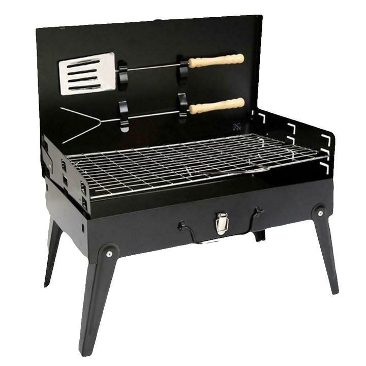 Gratar tip valiza cu carbune, UBX®, reglabil, ustensile incluse, picioare pliabile, portabil, 43 x 26 x 22 cm, negru
