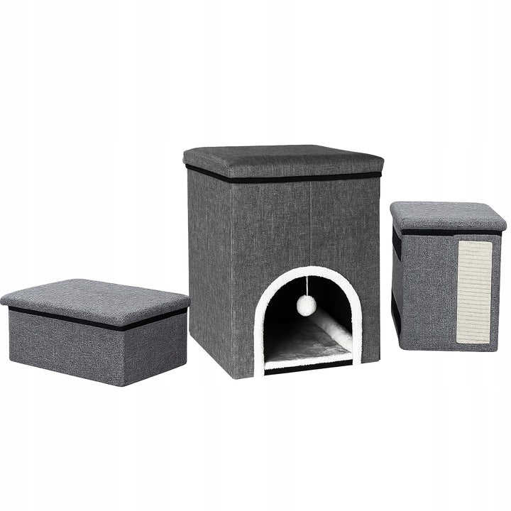 Casuta multifunctionala pentru pisici cu 3 trepte, Zola,cu pat moale, panou de zgariere din sisal si jucarie suspendata, pliabila, 76 x 42 x 33 cm, gri