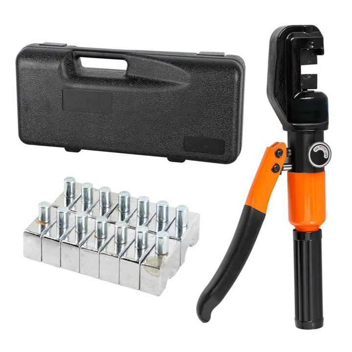 Set cleste de sertizat hexagonal hidraulic, Zola, interval de lucru 4-70 mm², 8 matrite interschimbabile, forta 10 T, cutie depozitare, otel, 31 cm, negru/portocaliu