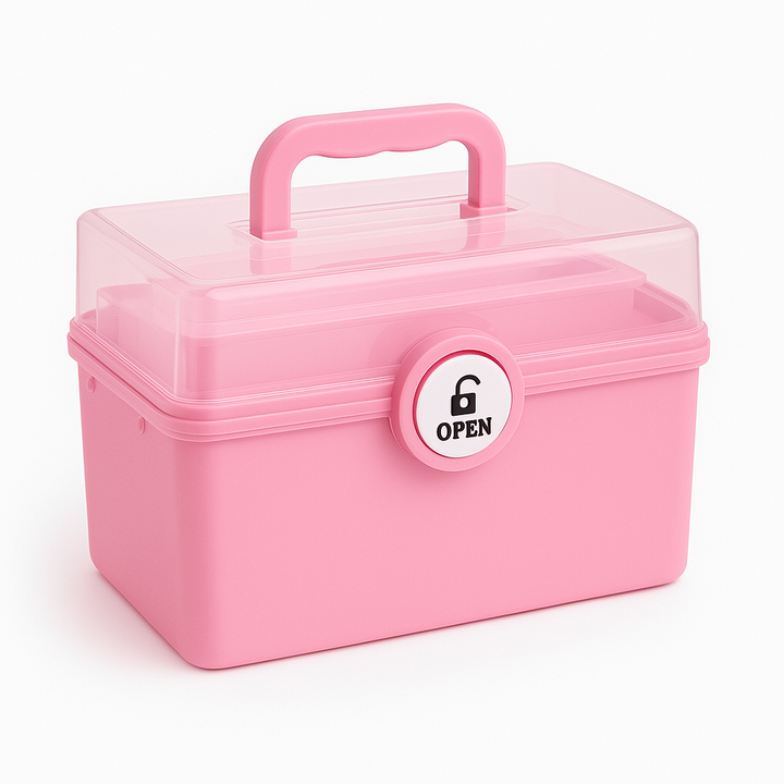 Cutie de medicamente organizatoare, Zola, 2 rafturi mobile, 32 x 20 x 15 cm, 6 compartimente, sistem de inchidere, maner de transport, roz