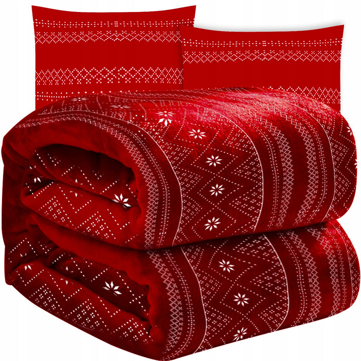 Set patura groasa si 2 fete de perna, Zola, dimensiune 160 x 200 cm/ 40 x 40 cm, rosie cu insertii albe