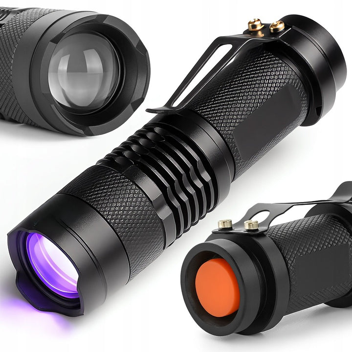 Lanterna tactica UV cu functie zoom,Zola, rezistenta la apa, IPX4, alimentare baterii, aliaj aluminiu, 9.2x2.5 cm, neagra