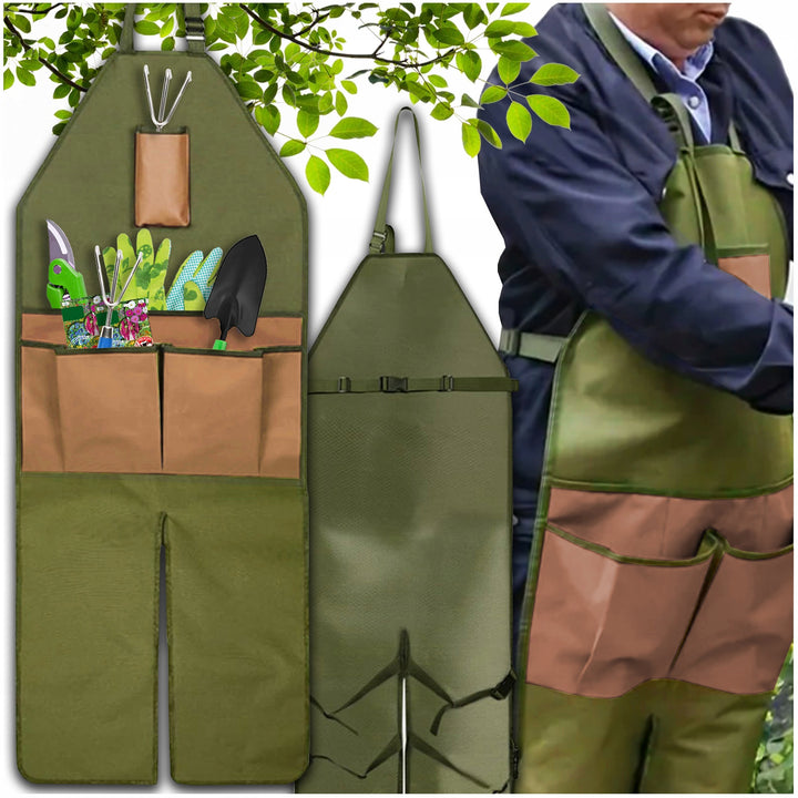 Sort de gradinarit cu protectie pentru picioare, Zola, buzunare multiple pentru unelte, inchidere curele ajustabile, material oxford, 45 x 118 cm, verde