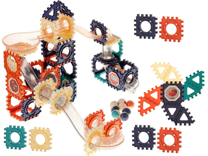 Set de constructie pentru copii, Zola®, 110 piese, pista cu bilute, 20 de autocolante, din plastic, multicolore, varsta +3 ani