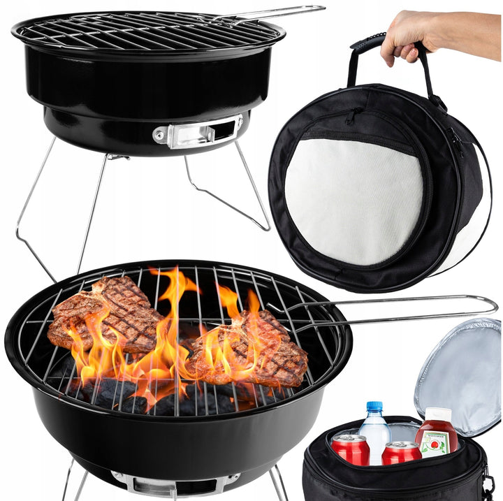 Gratar portbil pentru camping, picnic si calatorii,  Zola, picioare pliabile, diametru 26 cm, otel, geanta de transport, 26 x 26 x 23 cm, negru