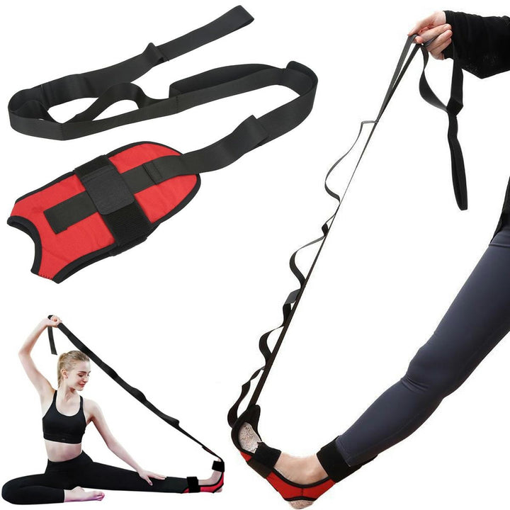 Dispozitiv reglabil pentru intinderea muschilor coapsei, Zola, 7 niveluri de reglare, din material textil si bumbac, lungime 152 cm, negru/rosu