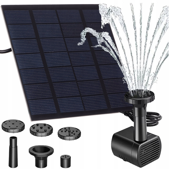 Fantana arteziana de gradina cu incarcare solara, Zola, 4 capete inteschimbabile, filtru incorporat, debit maxim apa 180 L/h, inaltime pulverizare 30-60 cm, cablu 3 m, 7V, 11 x 11 x 2.5 cm