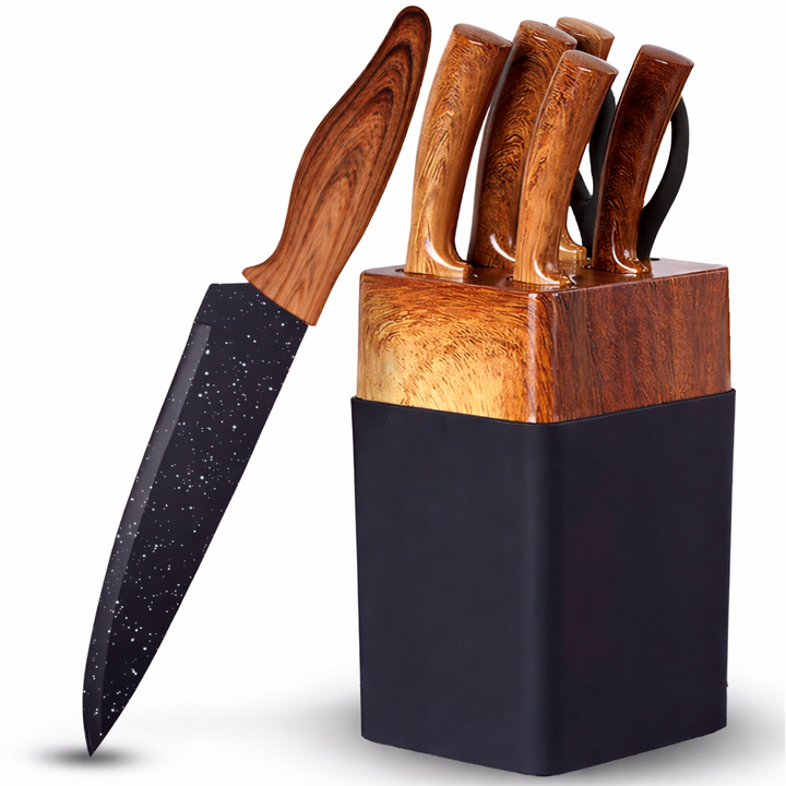 Set cutite bucatarie 7 piese cu suport si ascutitor integrat, Zola, 5 cutite + foarfeca, negru / lemn