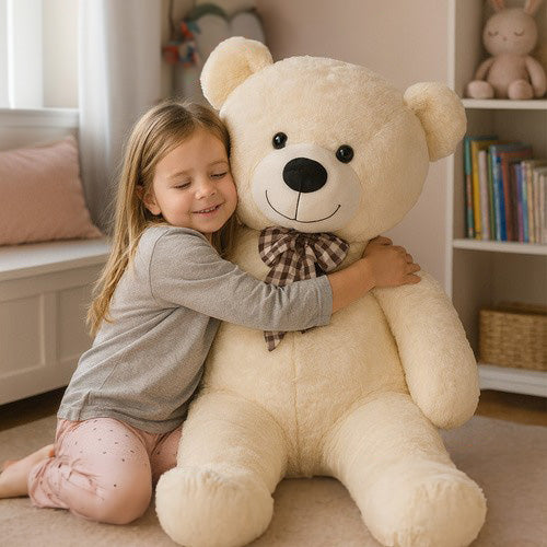 Ursulet de plus gigantic, Zola, 140 cm, funda carouri, corp flexibil, umplutura bumbac PP, poliester moale, crem