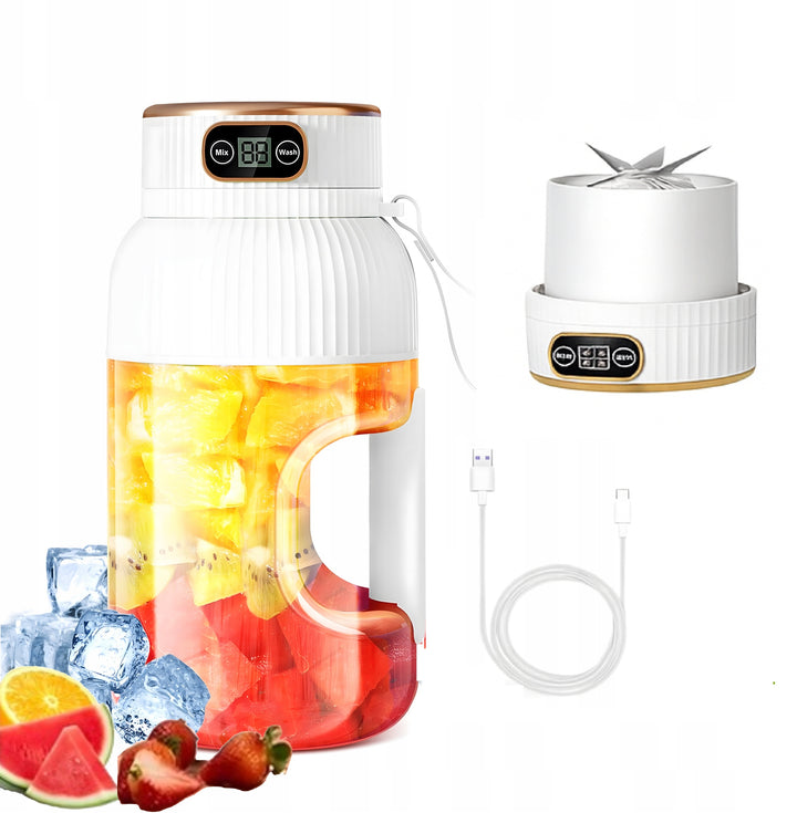 Blender 2 in 1 portabil, Zola, pentru smoothie-uri si sucuri, 150W, capcitate 1L, 10 lame, afisaj digital, incarcare USB, 25 x 10 cm, alb