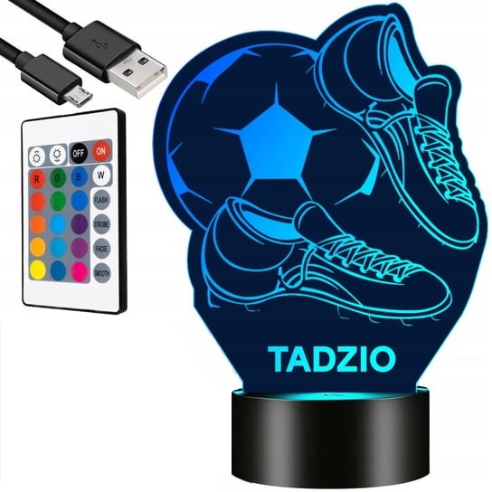 Lampa 3D pentru noptiera, Zola, model minge si ghete fotbal , LED, RGB, telecomanda, din plastic si acril, diametru baza 8.5 cm, 19 x 14.5 cm, neagra