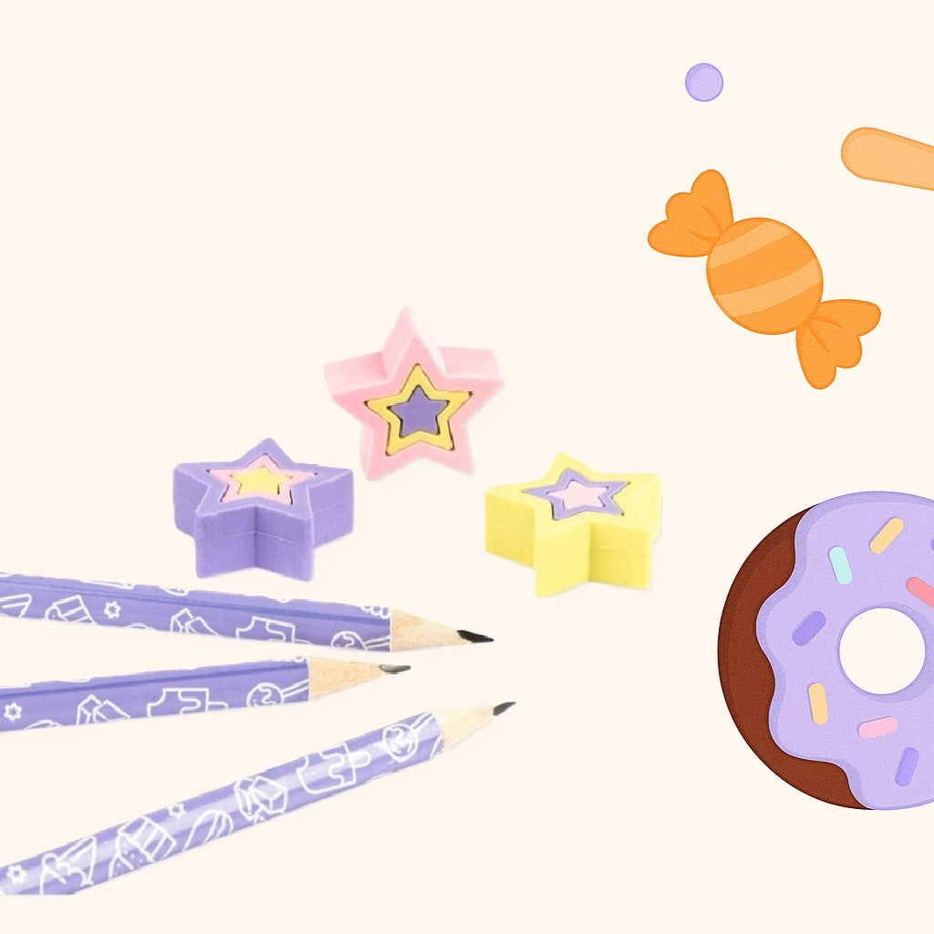 Set 3 creioane si 3 radiere parfumate, Zola, aroma macarons, modele amuzante, lila