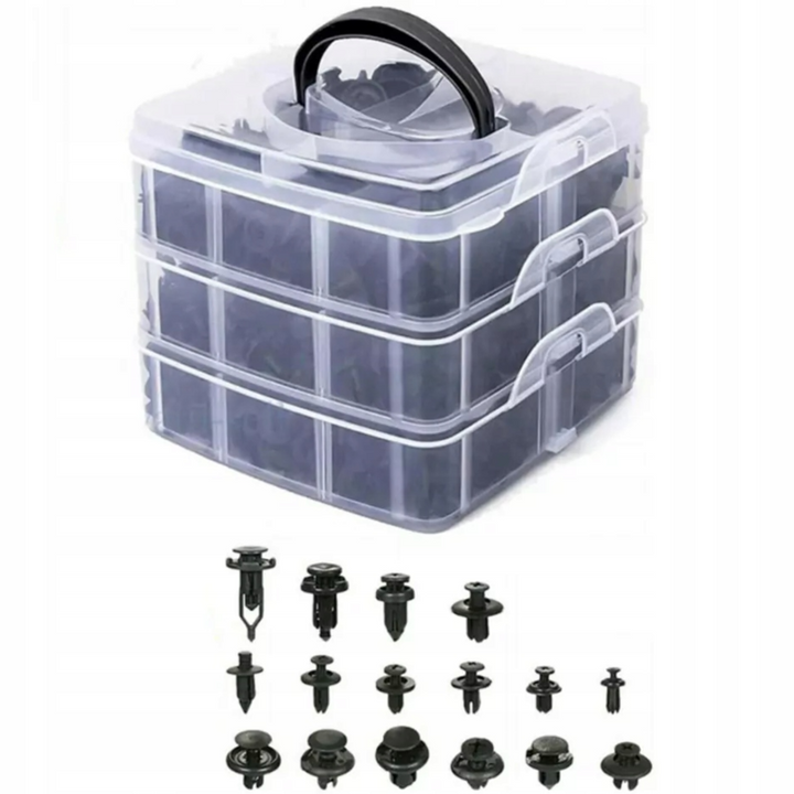 Set 620 clipsuri universale auto, Zola, dimensiuni si tipuri de pini diferite, plastic, negre, cutie depozitare
