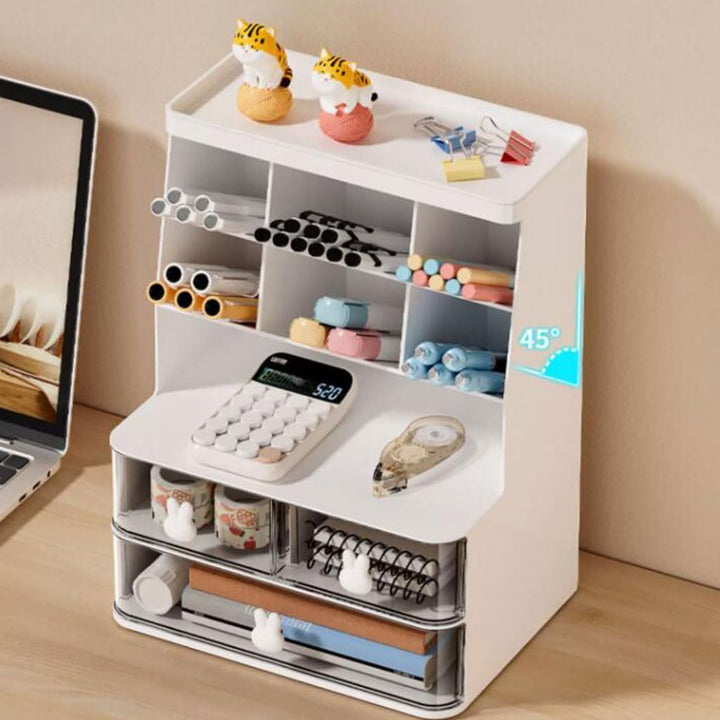 Organizator de birou, Zola, 3 sertare, 7 compartimente, din plastic, 22.5 x 17 x 30 cm, alb