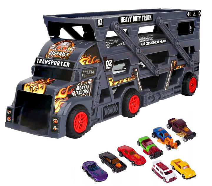 Set de joaca, Zola®, mega transportator de 6 masini, echipament cu 3 platforme,  31 x 11 x 7 cm, gri