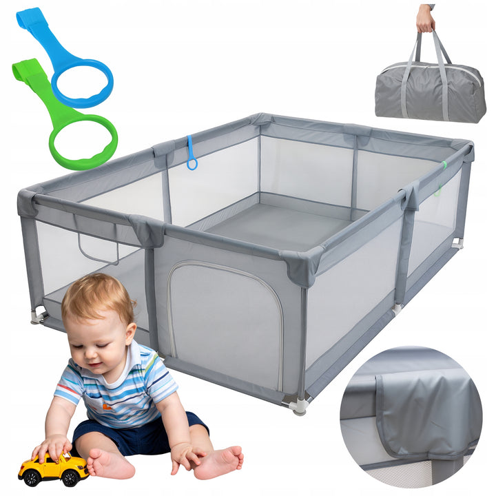 Tarc/loc de joaca pentru copii, Zola, material textil, 2 manere sustinere, geanta transport, 200 × 140 × 65 cm, gri