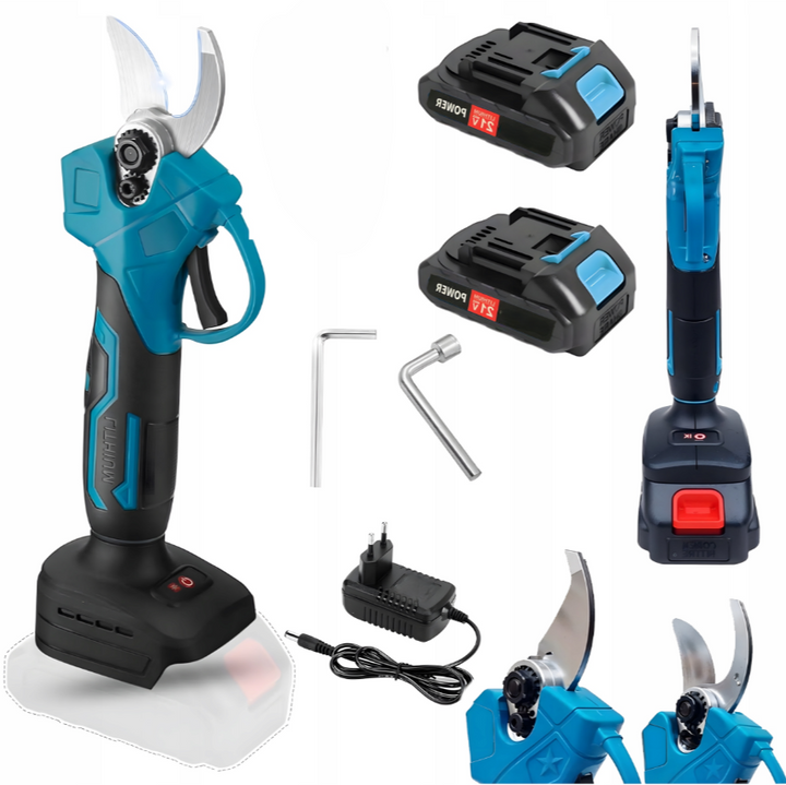 Foarfeca de gradina electrica cu acumulator, Zola, 160W, pentru vita de vie si crengi, 2 acumulatori 21/18V, deschidere 25 mm, lame otel placat cu crom, neagru/albastru