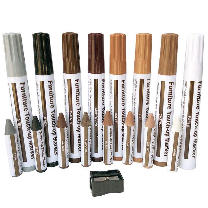 Set 16 piese pentru corectare si reparare zgarieturi mobila/ parchet,  Zola,  8 Markere, 8 creioane si ascutitoare, rezistenta la abraziune si spalare, pentru toate nuantele de mobila