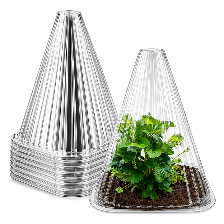 Set 10 conuri protectie plante, Zola, tip mini sera, reutilizabile, cu ventilatie, protectie inghet si daunatori, 22 x 19 cm, transparente