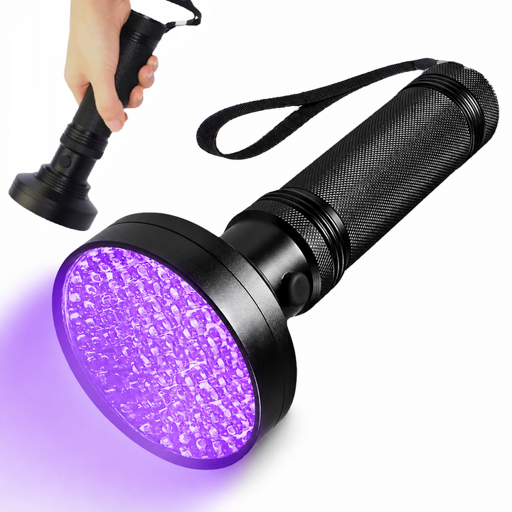 Lanterna UV tactica, Zola, 100 diode LED, 395 nm, alimentare baterii, aliaj de aluminiu, IP46, 19.5 × 7.8 × 3.8 cm, neagra