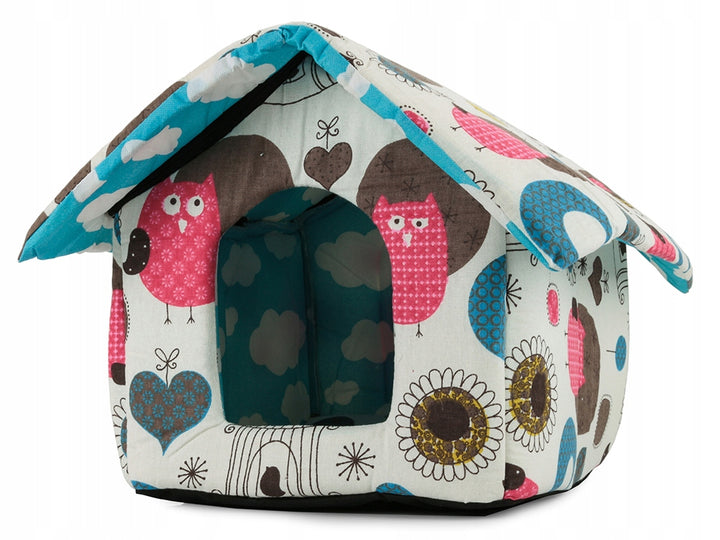 Patut pentru caini si pisici de talie mica, Zola®, in forma de casuta, multicolor, marimea M,cu bufnite roz