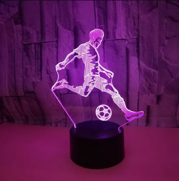 Lampa 3D pentru noptiera, Zola, model fotbalist, LED, RGB, telecomanda, 0.5W, din plastic si acril, neagra