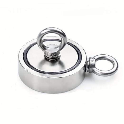 Magnet puternic pentru pescuit cu 2 inele, Zola, neodim, forta de tractiune 2 x 150 kg, diametru 6 cm, ideal pentru cautari subacvatice, argintiu