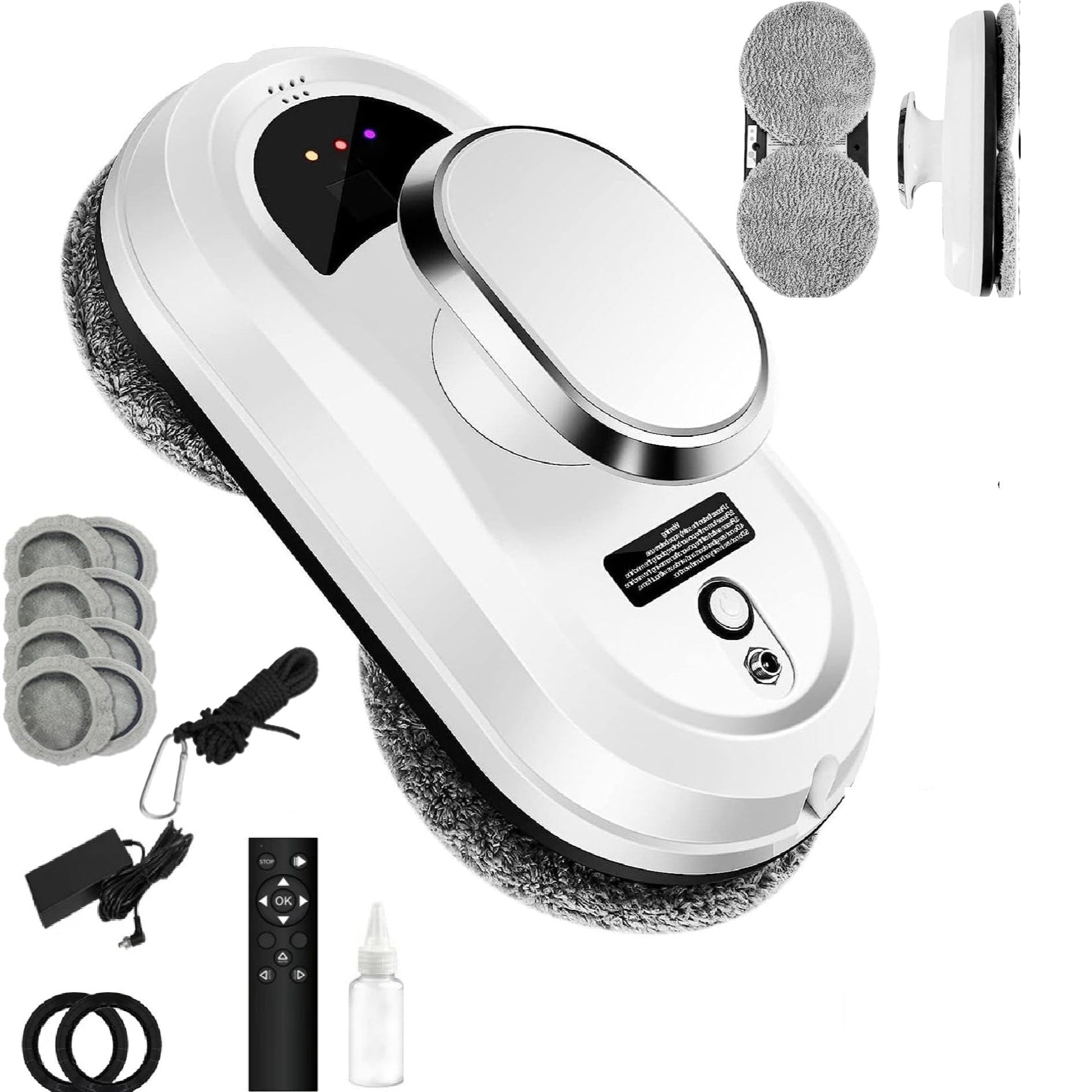 Robot inteligent pentru curatarea geamurilor, Zola, 5600 Pa, 10 lavete microfibra lavabile, 4 inele curatare, pulverizator, programare, telecomanda, alb