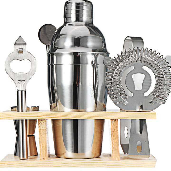 Set barman 7 piese pentru cocktail-uri, Zola, inox, suport bambus, 20 x 9.7 x 7 cm, arginitiu