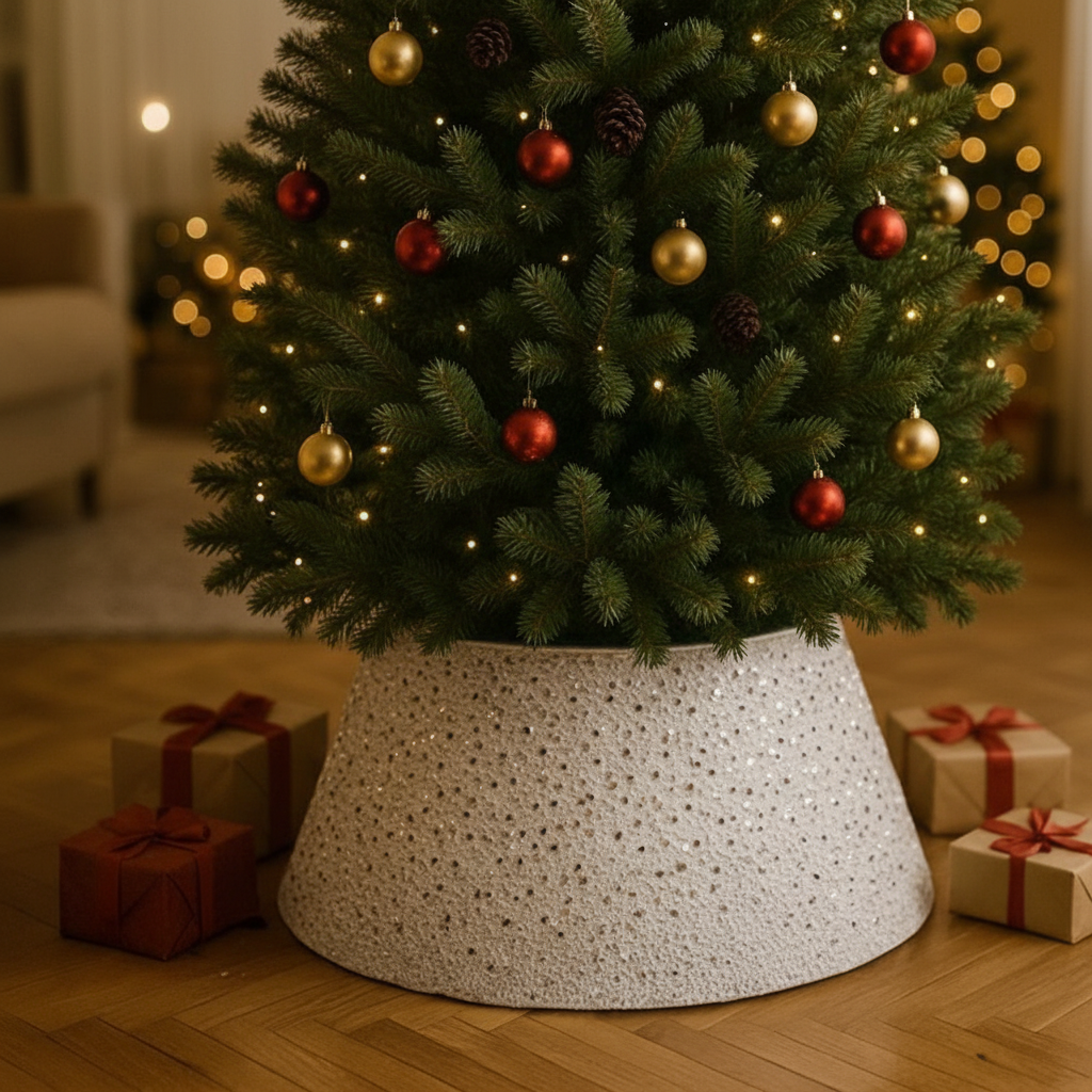 Husa decorativa pentru suport brad, Zola, 60 cm, universala, fixare velcro, alb cu paiete argintii