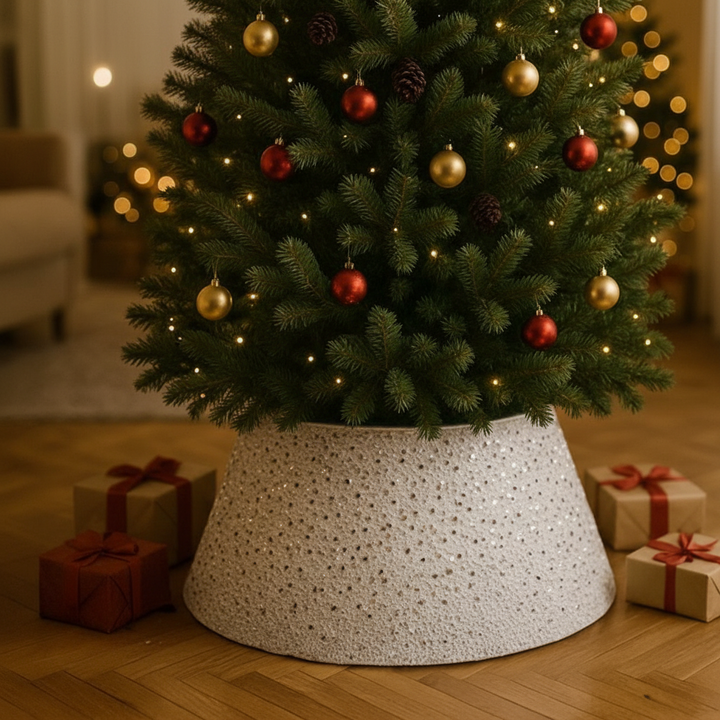 Husa decorativa pentru suport brad, Zola, 60 cm, universala, fixare velcro, alb cu paiete argintii