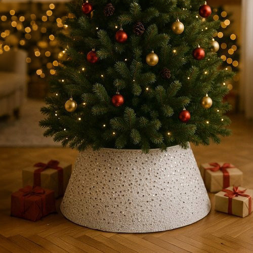 Husa decorativa pentru suport brad, Zola, 60 cm, universala, fixare velcro, alb cu paiete argintii