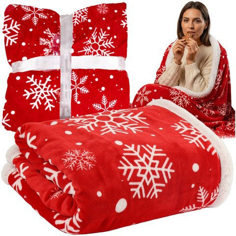 Patura dubla pufoasa, Zola, 130 x 170 cm, model fulgi, calduroasa si confortabila, poliester, rosu/alb