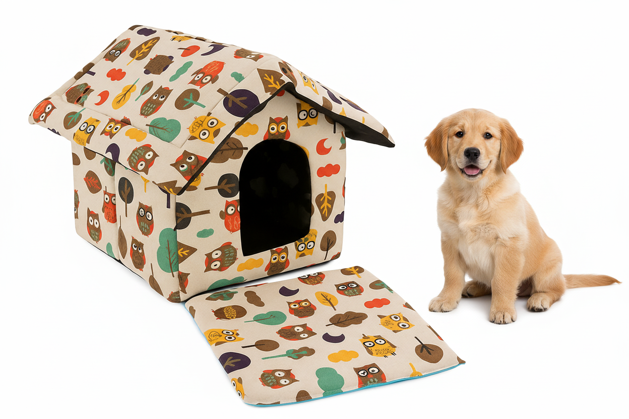 Patut pentru caini si pisici de talie mica, Zola, in forma de casuta, marimea XL, model bufnite, 41 x 37.5 x 43 cm, multicolor
