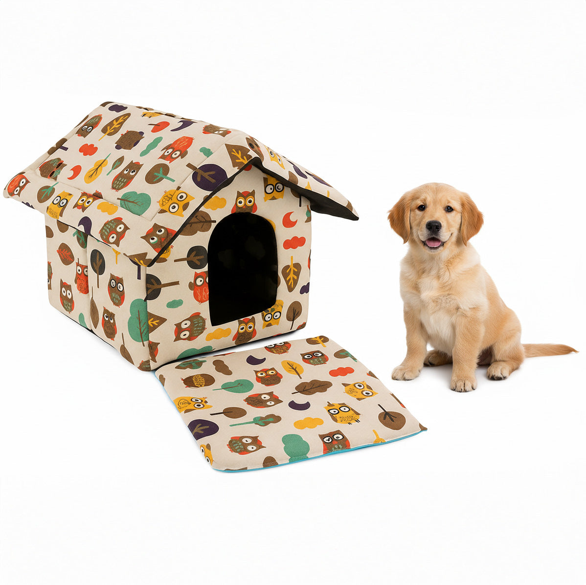 Patut pentru caini si pisici de talie mica, Zola, in forma de casuta, marimea XL, model bufnite, 41 x 37.5 x 43 cm, multicolor