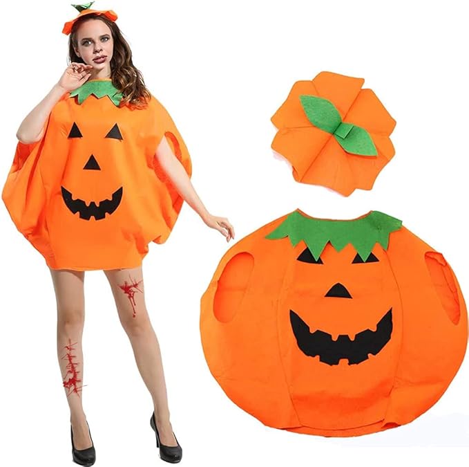 Set costum Halloween dovleac, Zola, 2 piese, costum si palarie, unisex, 85x76 cm, portocaliu