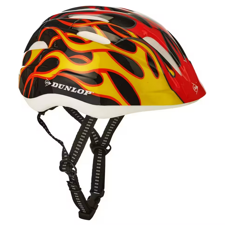 Casca de protectie pentru copii model flacari Dunlop, reglabila, 48-52 cm, curele ajustabile, 12 orificii ventilatie, galben/portocaliu