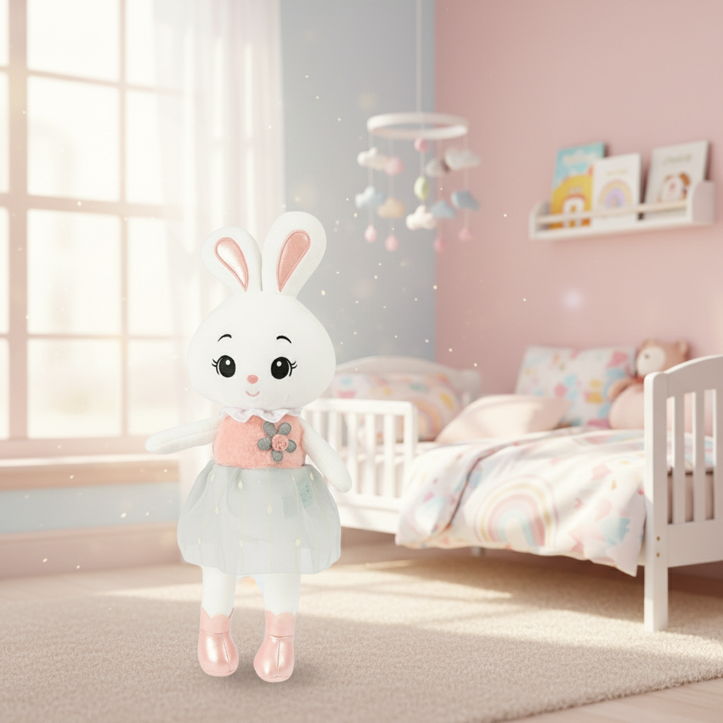 Jucarie de plus iepuras, Zola, 45 x 20 cm, rochita si ghetute roz, umplutura bumbac PP, material moale, alb