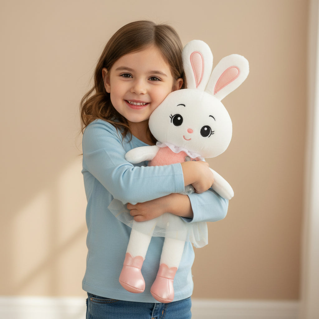 Jucarie de plus iepuras, Zola, 45 x 20 cm, rochita si ghetute roz, umplutura bumbac PP, material moale, alb