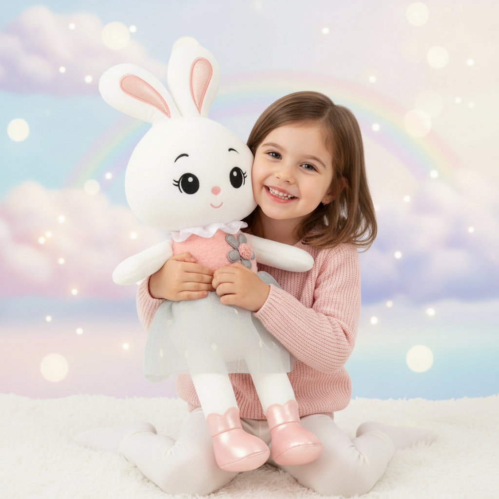 Jucarie de plus iepuras, Zola, 45 x 20 cm, rochita si ghetute roz, umplutura bumbac PP, material moale, alb