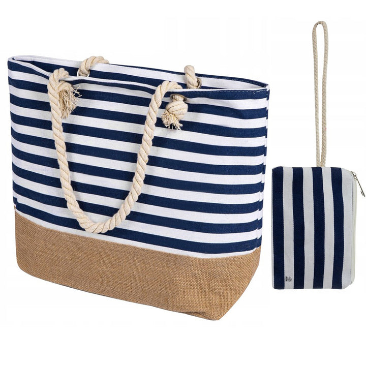 Geanta pentru plaja cu portofel, Zola®, bleu si bej, model cu dungi, 34x48x14 cm