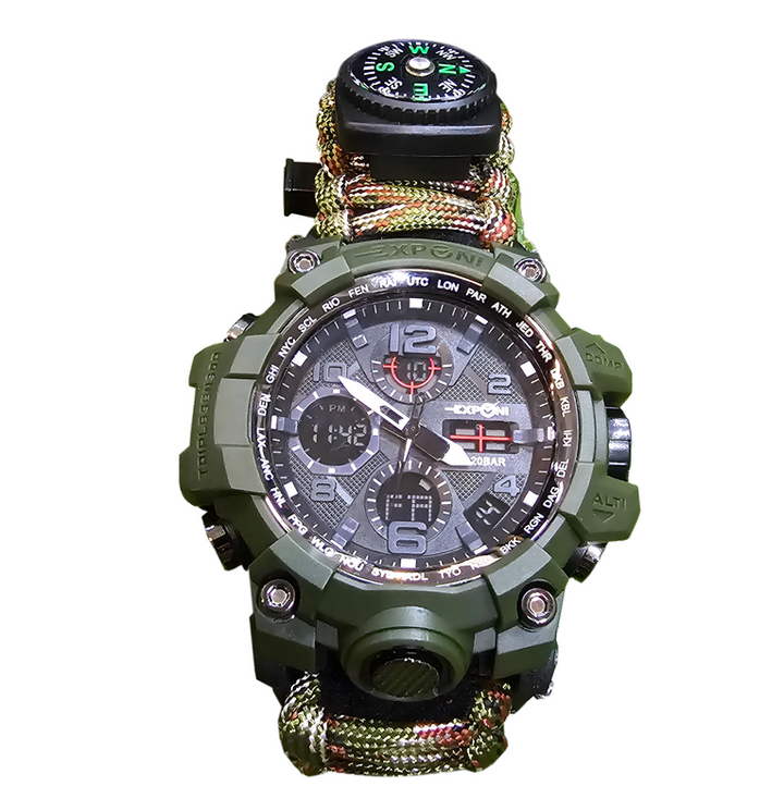 Ceas barbatesc militar pentru supravietuire, Zola, 8 in 1, lungime 25 cm, diametru ceas 7 cm, verde army