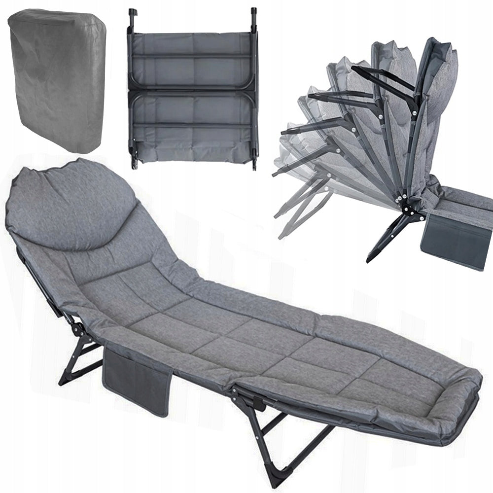 Pat pentru camping, Zola, spatar reglabil in 6 pozitii, saltea moale, mecanism de blocare, buzunar lateral, cadru otel, material Oxford 600D, 200 x 65 x 32 cm, gri inchis