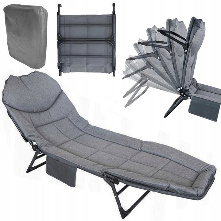 Pat pentru camping, Zola, spatar reglabil in 6 pozitii, saltea moale, mecanism de blocare, buzunar lateral, cadru otel, material Oxford 600D, 200 x 65 x 32 cm, gri inchis