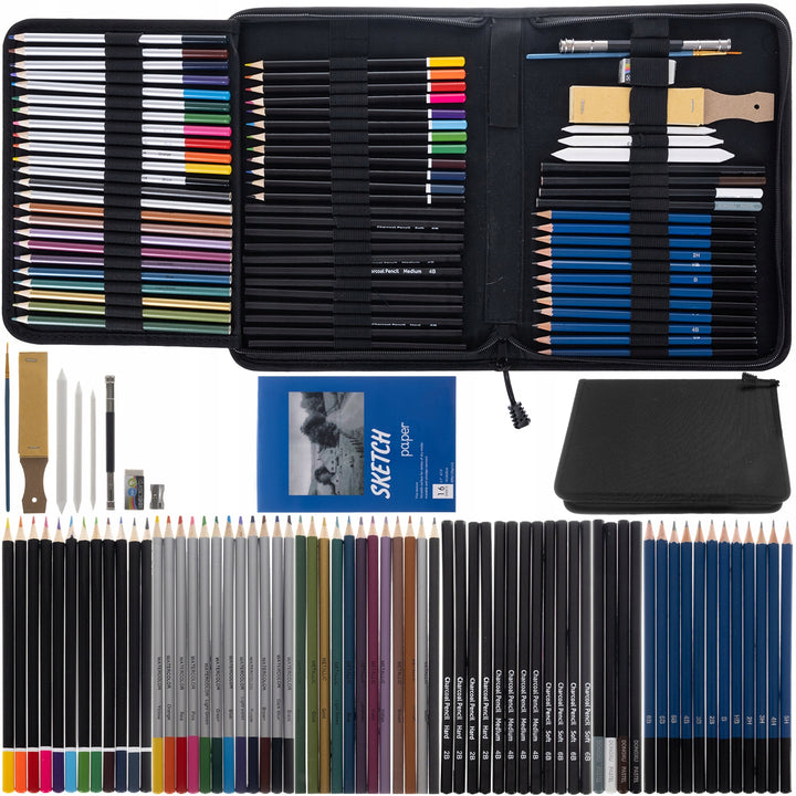 Kit profesional pentru schite in creion, Zola®, 72 piese, creioane colorate, bloc desen, mapa depozitare