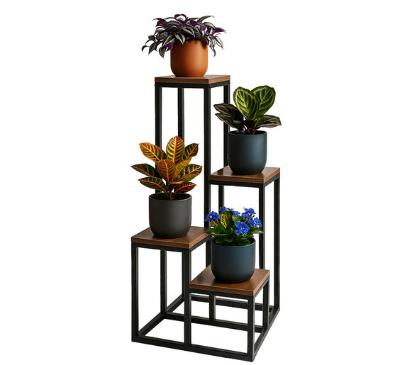 Suport metalic de flori pentru podea, Zola, 4 polite patrate din MDF, sarcina maxima 50 kg, 71/55/38.5 x 34.5 x 34.5 cm, negru/maro