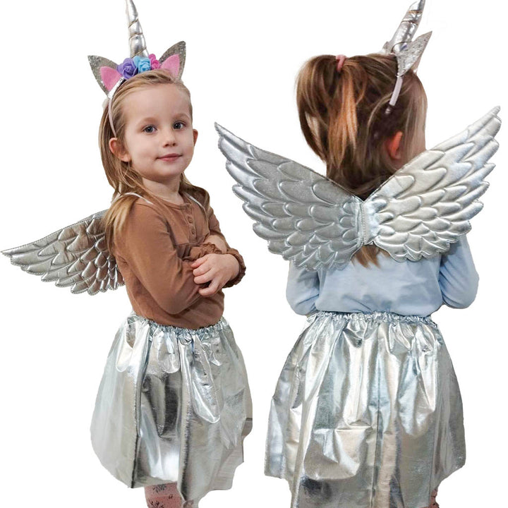 Costum carnaval pentru fetite, Zola®, model unicorn, aripi argintii ,coronita si fustita, varsta + 3 ani