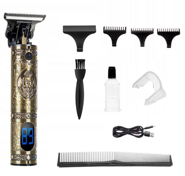 Set masina de tuns, ras si conturat barba, UBX®, ecran LCD pentru nivelul bateriei, 3 capete dimensiuni diferite, incarcator USB, baterie1200mAh,perie de curatare, piepten si suport, aurie